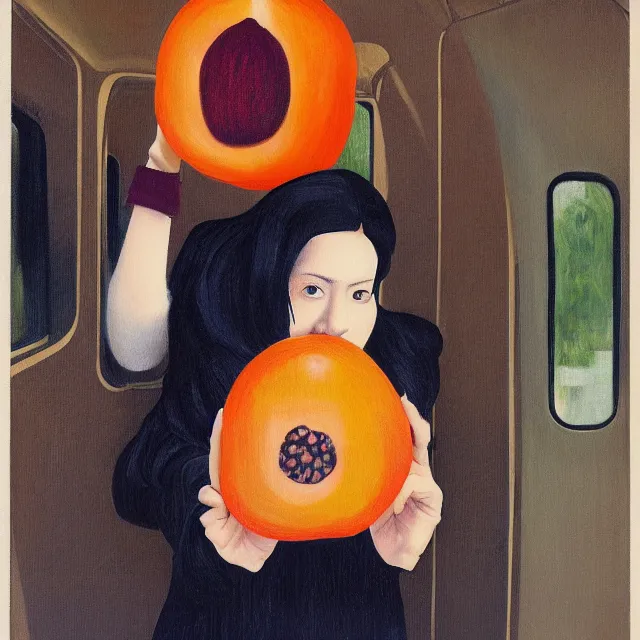 Prompt: tall emo girl artist holding small portraits and a persimmon on a train, on shinkansen in tokyo, shinagawa station, pigs, octopus, acrylic on canvas, surrealist, by magritte and monet