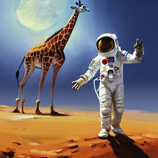 Prompt: a giraffe dressed like an astronaut walking on the moon, trending on artstation, art by greg manchess, guangjian, detailed digital art, artstation hd