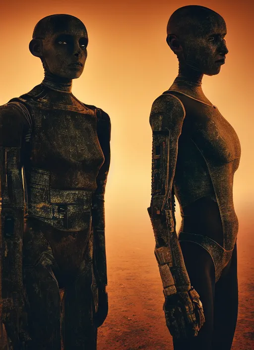 Image similar to cinestill 5 0 d photographic portrait by steve mccurry of two loving female androids wearing rugged black mesh techwear on a desolate plain with a red sky, extreme closeup, cyberpunk style, dust storm, 8 k, hd, high resolution, 3 5 mm, f / 3 2, ultra realistic faces, ex machina, blade runner