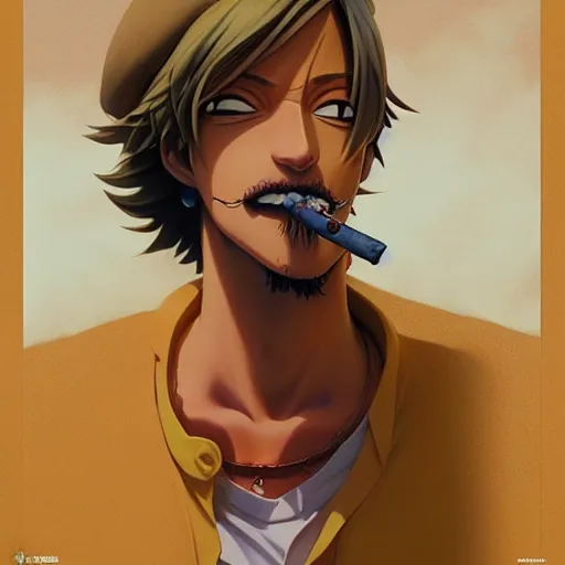 Prompt: highly detailed vfx portrait of sanji smoking a cigarette by eiichiro oda!, greg rutkowski, loish, rhads, beeple, makoto shinkai, tom bagshaw, alphonse mucha, sharp focus, art by artgerm and greg rutkowski, stanley kubrick, backlit, harsh overhead sunlight,