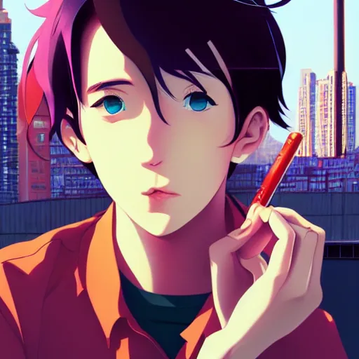 Image similar to portrait of A teenager smoking, city background, rich vivid colors, ambient lighting, dynamic lighting, 4k, HQ, official media, anime key visual, makoto shinkai, ilya kuvshinov, lois van baarle, rossdraws, detailed, trending on artstation