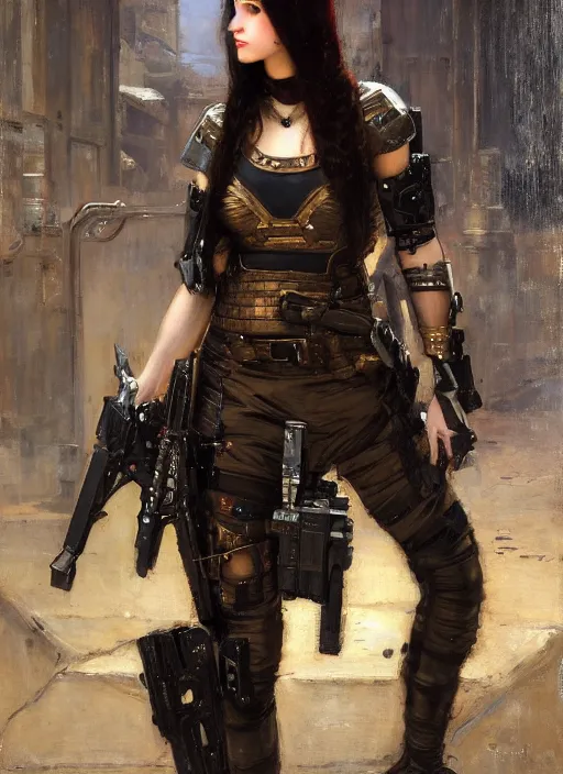 Prompt: beautiful cyberpunk mercenary in tactical gear. Iranian orientalist portrait by john william waterhouse and Edwin Longsden Long and Theodore Ralli and Nasreddine Dinet, oil on canvas. Cinematic, hyper realism, dramatic lighting, high detail 4k