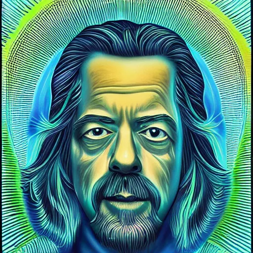 Image similar to alan watts in the style of alex grey