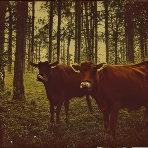 Image similar to polaroid photograph of several cows looking at the camera, in creepy forest, night, eyes glowing from camera flash