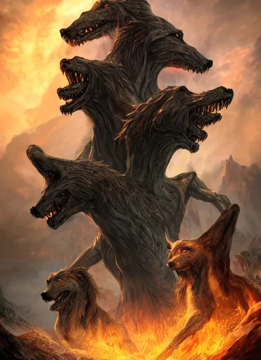 Image similar to three headed hellhound, ultra detailed fantasy, elden ring, realistic, dnd character portrait, full body, dnd, rpg, lotr game design fanart by concept art, behance hd, artstation, deviantart, global illumination radiating a glowing aura global illumination ray tracing hdr render in unreal engine 5