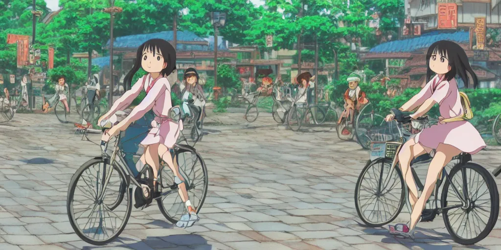 Image similar to anime girl riding bicycle in highly detailed japanese city, studio ghibli style, by hayao miyazaki, sharp focus, highly detailed, 4k