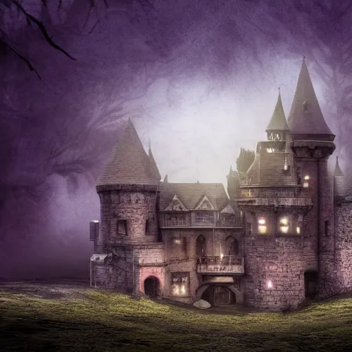 Image similar to abandoned castle, ultra realistic, 8 k, purple fog, dark, ultra detailed, highly detailed, fantastically detailed, illustration, night time, cinematic