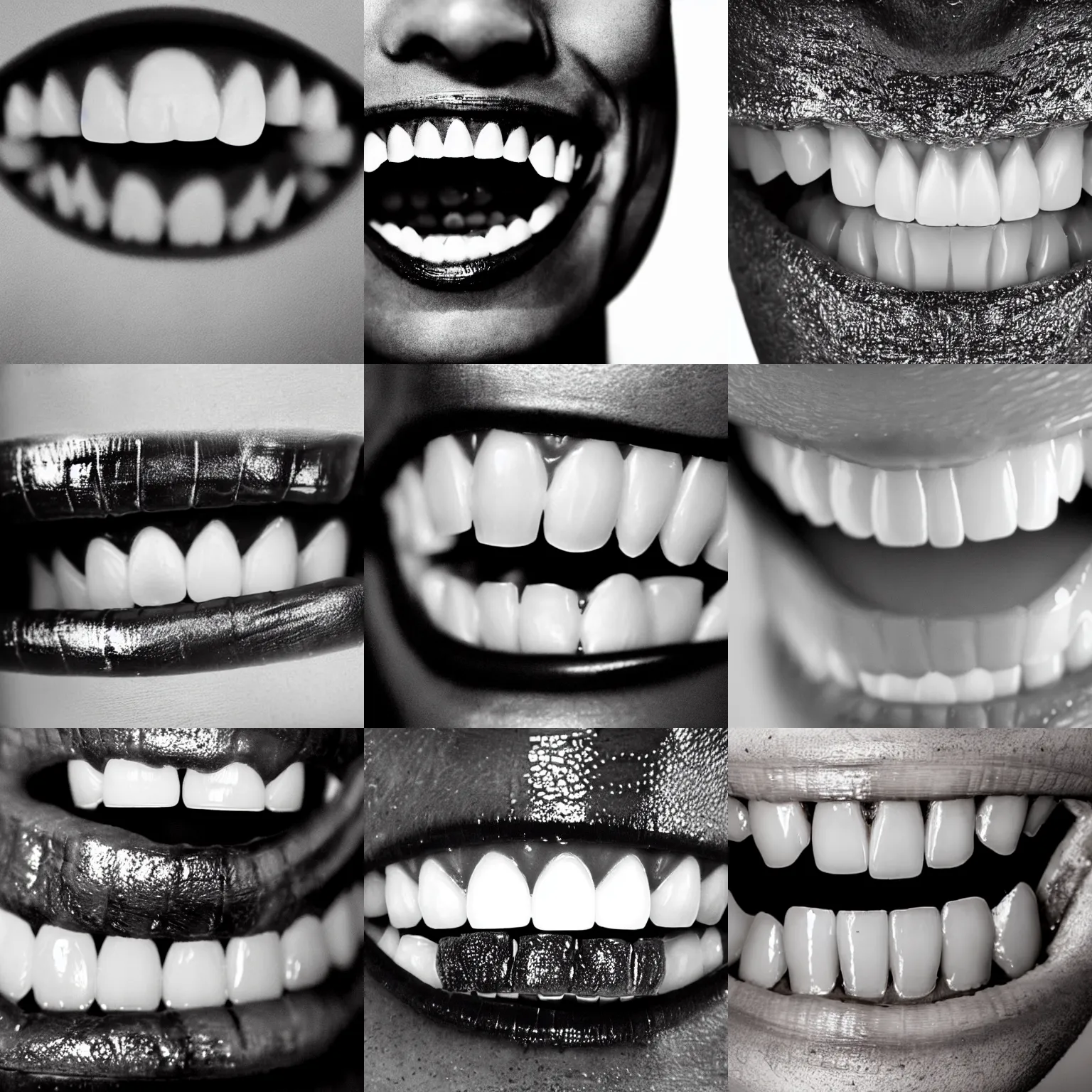 Prompt: close up of teeth with metallic grills, gritty grainy black and white film photograph, album artwork