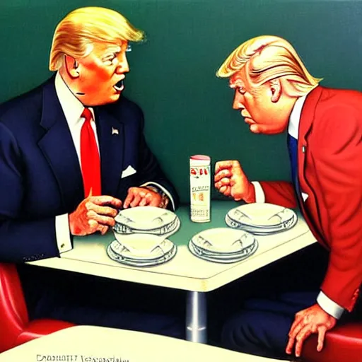 Prompt: joe biden and donald trump having dinner in a 1 9 5 0 s diner. highly detailed painting by norman rockwell 8 k