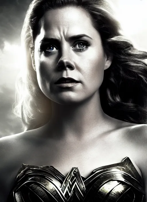 Image similar to a potrait of Amy Adams potrayed as Wonder Woman, Directed by Zack Snyder, Christopher Nolan, Sam Raimi, 8k photorealistic, cinematic lighting, HD, high details, dramatic, trending on artstation, above view, dark atmosphere,