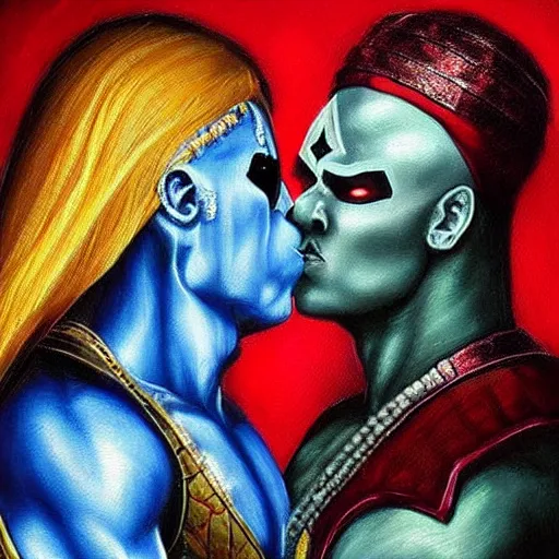 Prompt: kotal khan and quan chi from mortal kombat kissing, love wins, beautiful oil painting