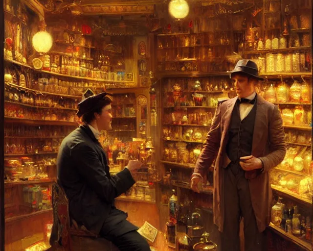 Image similar to attractive magician man, in magic shop. highly detailed painting by gaston bussiere, craig mullins, j. c. leyendecker 8 k