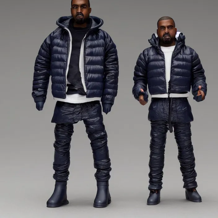Prompt: a goodsmile figure of kanye west using full face - covering mask with small holes. a small, tight, undersized reflective bright blue round puffer jacket made of nylon. a shirt underneath. black jeans pants made of nylon. a pair of big rubber boots, figurine, detailed product photo, professional photo, full body and face, studio lighting, studio photo