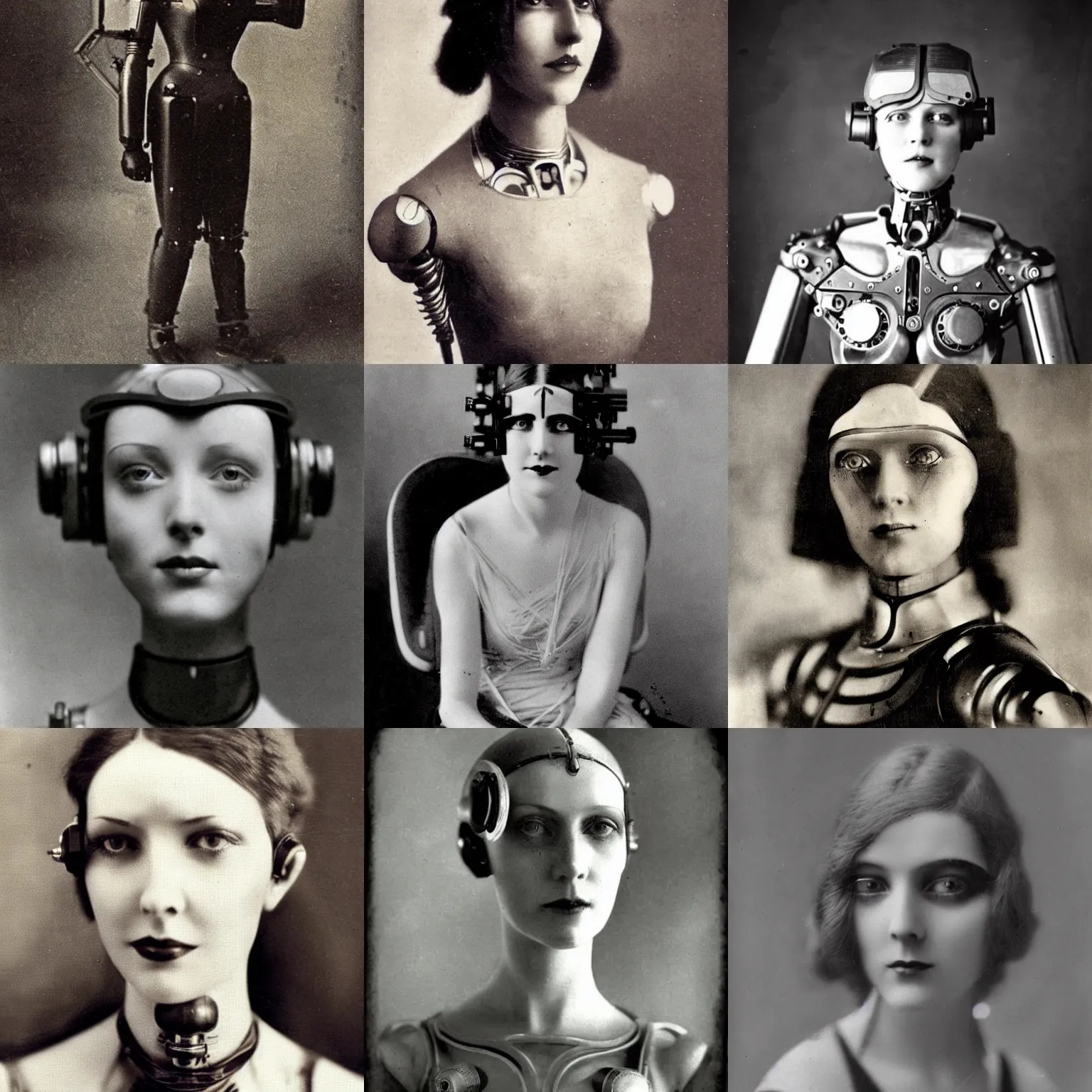Prompt: portrait photo of a beautiful female cyborg from 1920 vintage