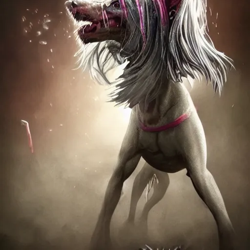 Prompt: Chinese crested powderpuff dog, armour, Anthropomorphized, casting epic spell, magic the gathering artwork, D&D, fantasy, cinematic lighting, centered, symmetrical, highly detailed, digital painting, artstation, concept art, smooth, sharp focus, illustration, volumetric lighting, epic Composition, 8k, art by Akihiko Yoshida and Greg Rutkowski and Craig Mullins, heroic pose, oil painting, cgsociety, magic lab background