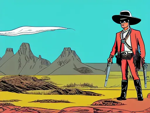 Prompt: a detailed illustration photorealistic of the Lone Ranger in the wild west town. flat colors, limited palette in FANTASTIC PLANET La planète sauvage animation by René Laloux