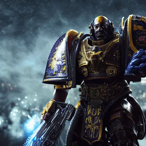 Image similar to Portrait of Alexandre Lacazette as the emperor of humanity from warhammer 40k in Gears of War, splash art, movie still, cinematic lighting, dramatic, octane render, long lens, shallow depth of field, bokeh, anamorphic lens flare, 8k, hyper detailed, 35mm film grain