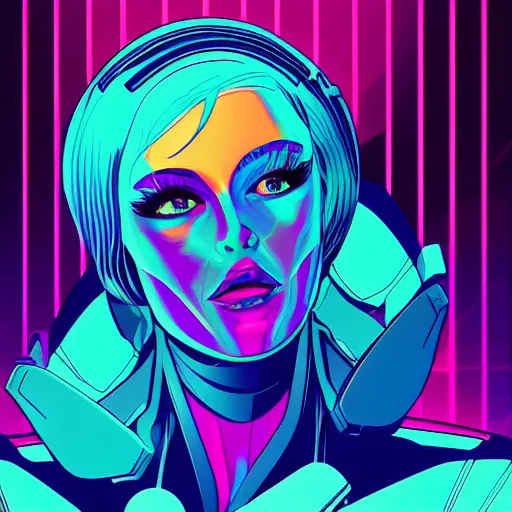 Prompt: a portrait of a beautiful cyborg, in retro colors, synthwave style, 2 d digital vector art