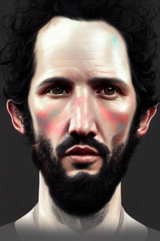 Image similar to ultra detailed close up facial portrait of bret mckenzie, extremely detailed digital painting, in the style of fenghua zhong and ruan jia and jeremy lipking and peter mohrbacher, mystical colors, rim light, beautiful lighting, 8 k, stunning scene, raytracing, octane, trending on artstation