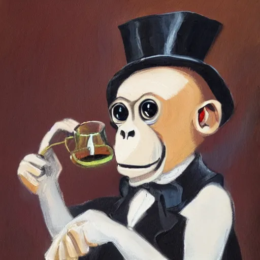 Image similar to a monkey wearing a monocle and a top hat drinking tea, brush strokes, oil painting