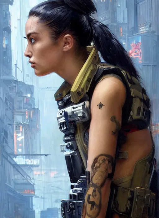 Image similar to Nikki tanaka. beautiful cyberpunk female USN marine wearing a military vest and combat gear. (Cyberpunk 2077, bladerunner 2049, apex legends, hl2). gorgeous face. Iranian orientalist portrait by john william waterhouse and Edwin Longsden Long and Theodore Ralli and Nasreddine Dinet, oil on canvas. Cinematic, hyper realism, realistic proportions, dramatic lighting, high detail 4k