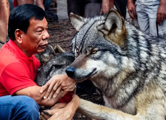 Prompt: duterte petting a wolf, realistic photograph, award winning photograph, cinematic, 4 k