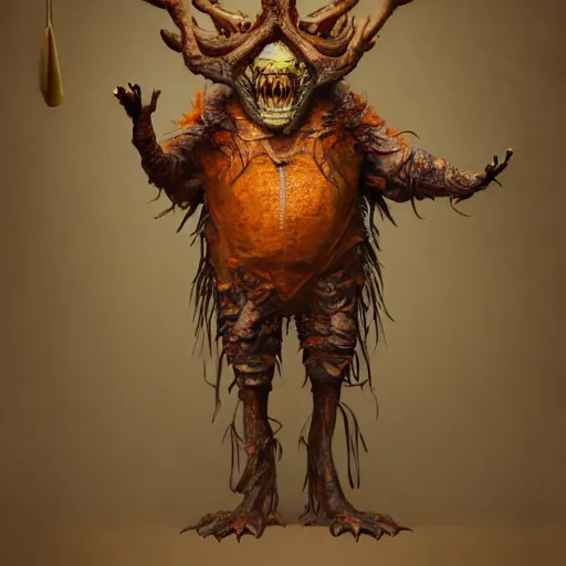 Image similar to full body concept, very fine art oil painting of a hideous anthropomorphic creature, with a very beautiful face wearing loose intricate clothing, ultra detailed, octane render, 4K, dystopi an , micro details