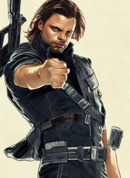 Image similar to sebastian stan as the winter soldier painted by artgerm and greg rutkowski and alphonse mucha