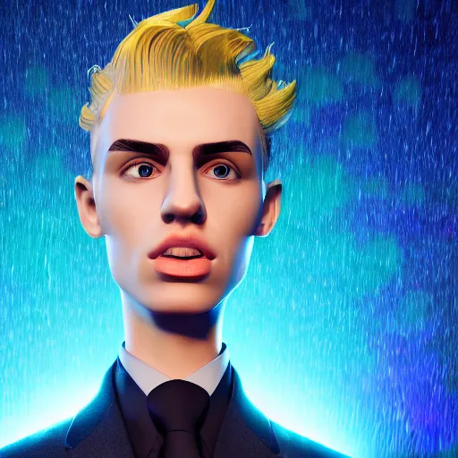 Image similar to cartoon portrait made out of rain, pinstripe suit, short blond hair, galactic background, rendered in octane, unreal engine, highly detailed, trending on artstation, realistic, splashes of neon, beautiful