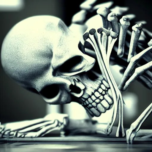 Image similar to bored skeleton, tired of his office work. realistic, ray tracing, renderr 3 d, artstation, masterpiece, hyper realism, sharp focus, dramatic light,