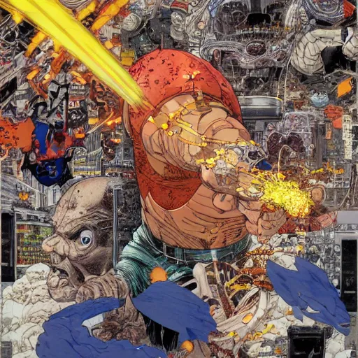 Image similar to full page detailed color illustration of testuo becoming a god, by Katsuhiro Otomo, 8k, hd, high resolution print