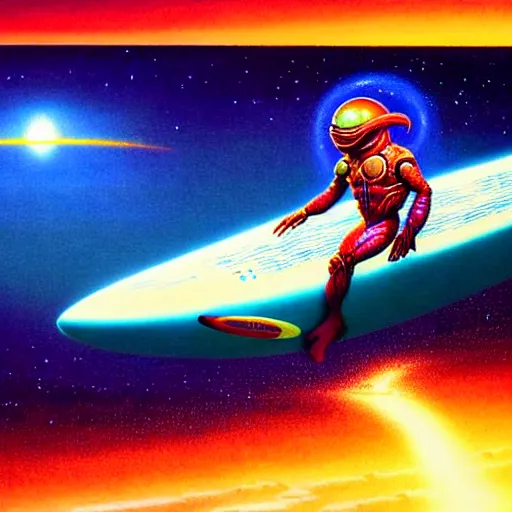 Prompt: UHD photorealistic studio portrait of cosmic Alien Elon Musk surfingon Mars, exotic alien Elon Musk surfing on Mars, correct face, accurate face, bold, vivid colors, intricate background, Tim Hildebrandt, Wayne, Amano, Barlowe, Bruce Pennington, donato giancola, larry elmore, moving, masterpiece, trending on artstation, Lisa Frank, cinematic composition, dramatic pose, studio lighting, sharp, crisp detail, hyper-detailed