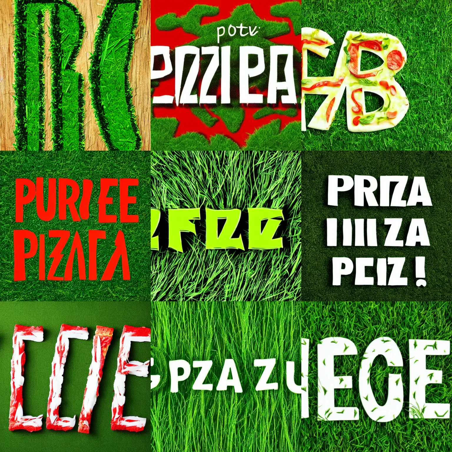 Prompt: text font made out of grass spells the word pizza on a red background, text saying pizza, the word pizza