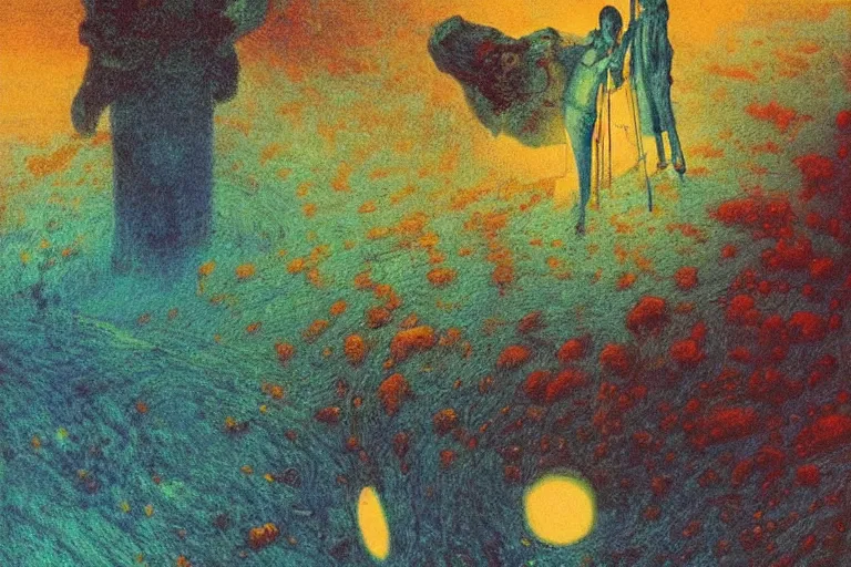 Prompt: barrister of harvest, art by beksinski and pauline baynes, trending on artstation, iridescent cool blue and cyan and red and blue and yellow and green lighting camera view from above surrealism, very very intricate, concept art, fisheye lens, situationist international