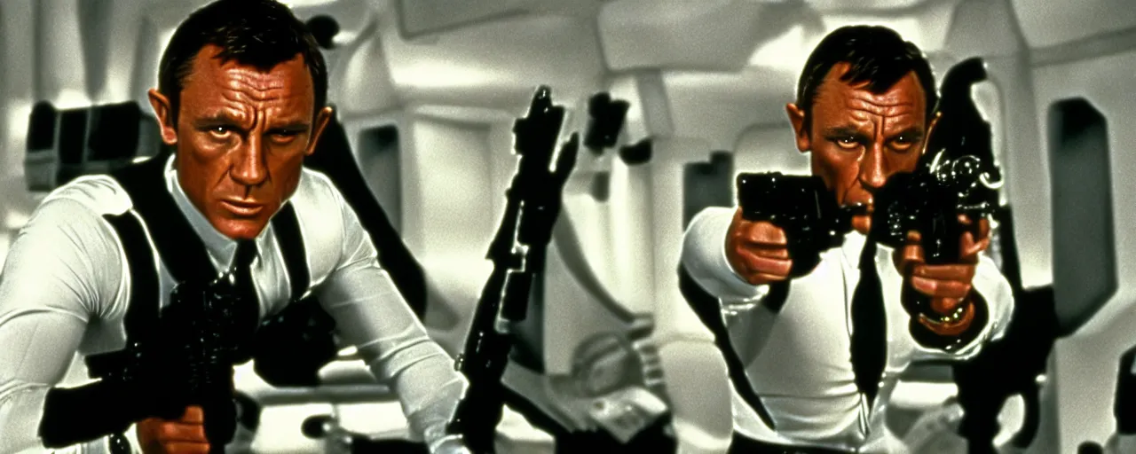 Prompt: a film still of James Bond in Star Wars 1977 high quality .