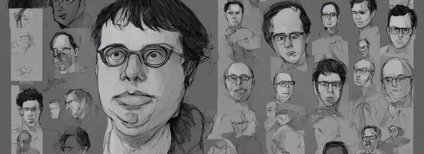 Image similar to character study of todd solondz, clear faces, screenwriter, introvert, outsider, emotional, character sheet, fine details, concept design, contrast, by gabriel hardman, joe alves, j. todd anderson, chris bonura, trending on artstation, 8 k, full body and head, turnaround, front view, back view, ultra wide angle