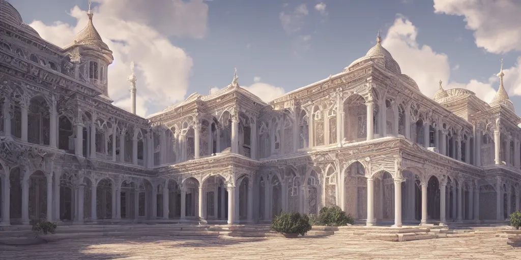 Image similar to beautiful digital illustration of a shining silver Byzantine palace in the sky, fluffy pastel clouds, architecture, concept art, deviantArt, artsation, artstation HQ, HD, 16k resolution, smooth, sharp detail, amazing depth, octane, finalRender, Unreal Engine