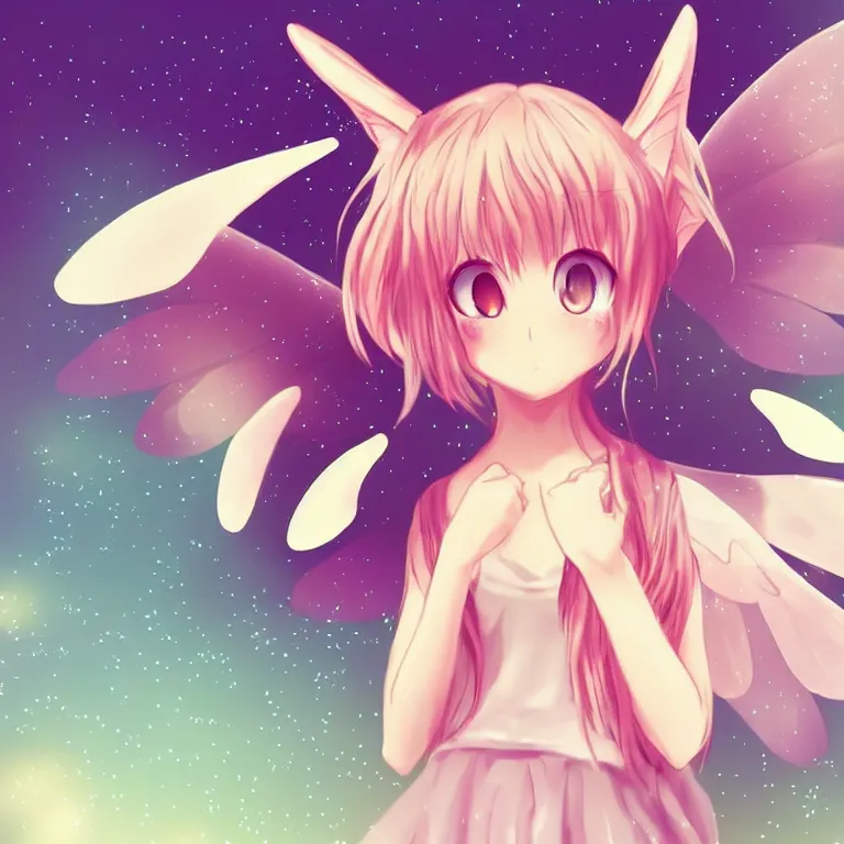 Image similar to cute, full body, female, anime style, a cat girl with fairy wings, large eyes, beautiful lighting, sharp focus, simple background, creative, heart effects, filters applied, illustration