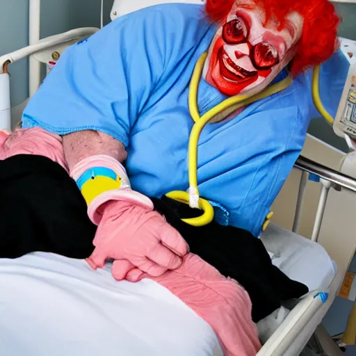 Prompt: crazy old lady clown with wrist restraints in hospital bed