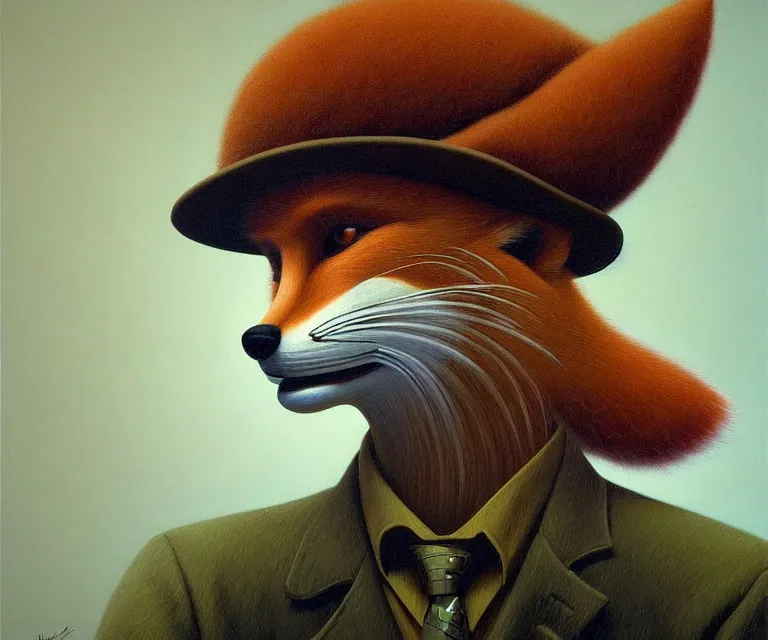 Image similar to hyper detailed 3d render like a Oil painting - portrait of an anthro fox wearing a beret and pointing a glock at the camera, by Jacek Yerka, Mariusz Lewandowski, Houdini algorithmic generative render, Abstract brush strokes, Masterpiece, Edward Hopper and James Gilleard, Zdzislaw Beksinski, Mark Ryden, Wolfgang Lettl, hints of Yayoi Kasuma, octane render, 8k