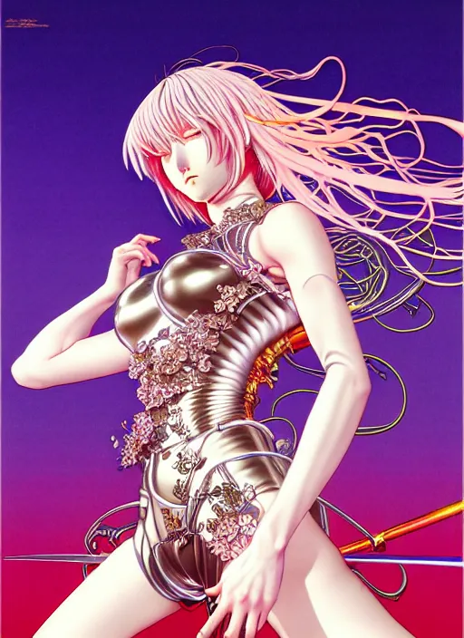 Prompt: highly detailed hajime sorayama terada katsuya artstation manga poster of girl mechine, rainbow gradient reflection bloom, long hair, weapon, armor, dress, laces, ruffles, 8 k, maximalist, ayami kojima, alphonse mucha