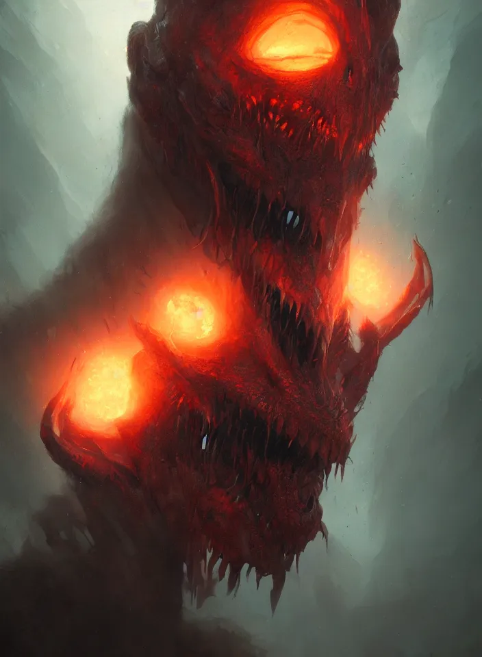 Prompt: a close portrait of a creature invoking fear, art by greg rutkowski, the plane of hell, horror setting, dark lighting, matte painting, trending on artstation, very detailed