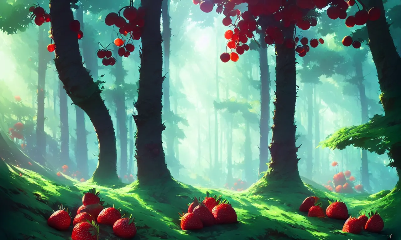 Image similar to Dark forest strawberries, behance hd by Jesper Ejsing, by RHADS, Makoto Shinkai and Lois van baarle, ilya kuvshinov, rossdraws global illumination