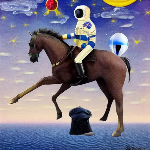 Image similar to a horse riding an astronaut, horse, style of surrealism