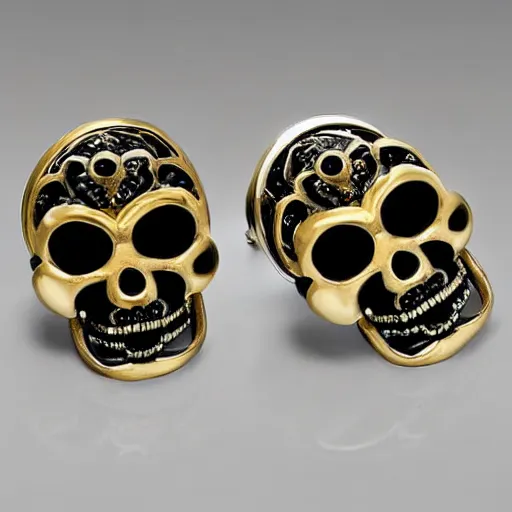 Prompt: artnouveau skull earrings made by René lalique in black, white and emerald and gold