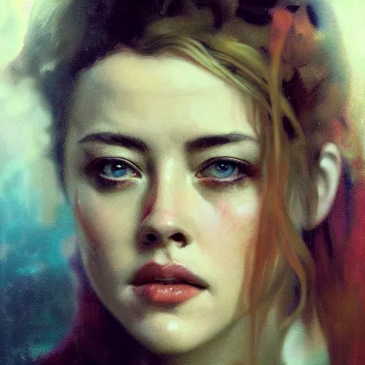 Image similar to hyperrealistic portrait of a woman as amber heard dining in hell by jeremy mann and alphonse mucha, fantasy art, photo realistic, dynamic lighting, artstation, poster, volumetric lighting, very detailed faces, 4 k, award winning