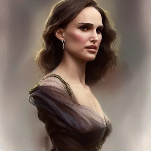 Image similar to Portrait of Natalie Portman, intricate, elegant, highly detailed, digital painting, artstation, concept art, smooth, sharp focus, illustration, art by artgerm and greg rutkowski and alphonse mucha