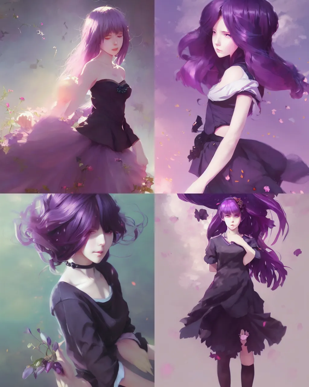 Image similar to girl with purple hair and black skirt, flower decoration on the background, a beautiful half body illustration, top lighting, perfect shadow, soft painting, art by hidari and krenz cushart and wenjun lin