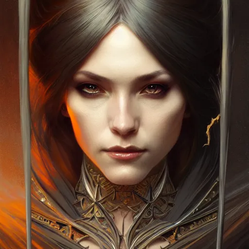 Image similar to Portrait of female sorceress, dark fantasy, medium shot, intricate, elegant, highly detailed, digital painting, artstation, concept art, smooth, sharp focus, illustration, art by artgerm and greg rutkowski and alphonse mucha