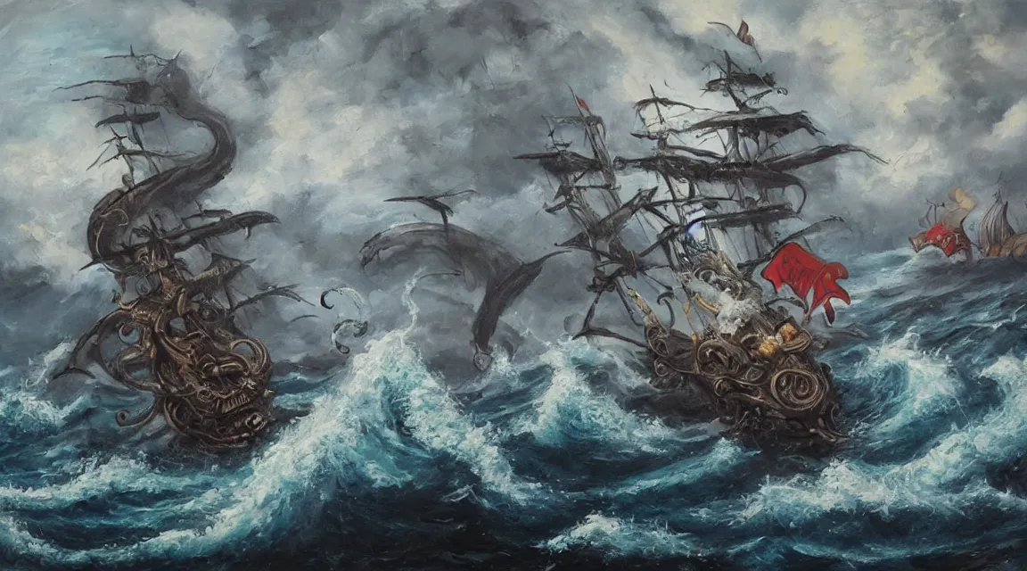 Prompt: oil painting of a kraken attacking a pirate ship
